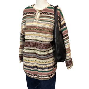 Vintage Hand Knit Striped Henley Sweater Tunic Boho Cottagecore S
